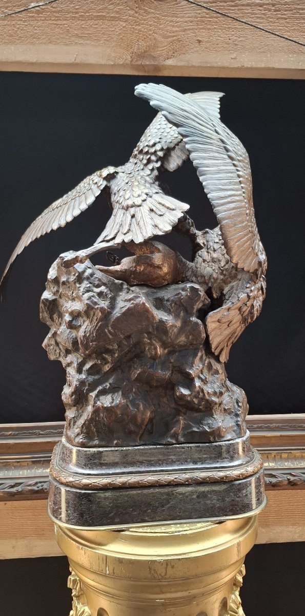Christophe Fratin (1801-1864), Two Birds Of Prey Fighting Over Prey, 19th Century Bronze-photo-8
