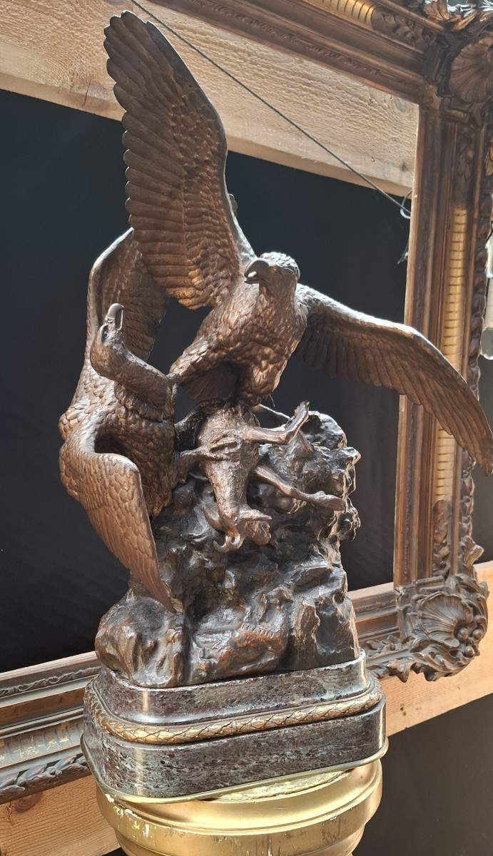 Christophe Fratin (1801-1864), Two Birds Of Prey Fighting Over Prey, 19th Century Bronze