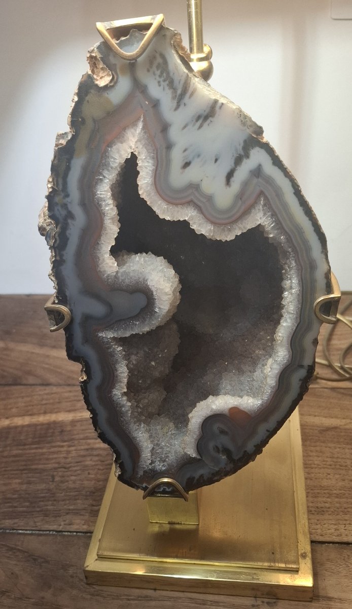 Lampe de Table par Willy Daro – Tranche d'Agate et Laiton – Belge, vers 1970-photo-2