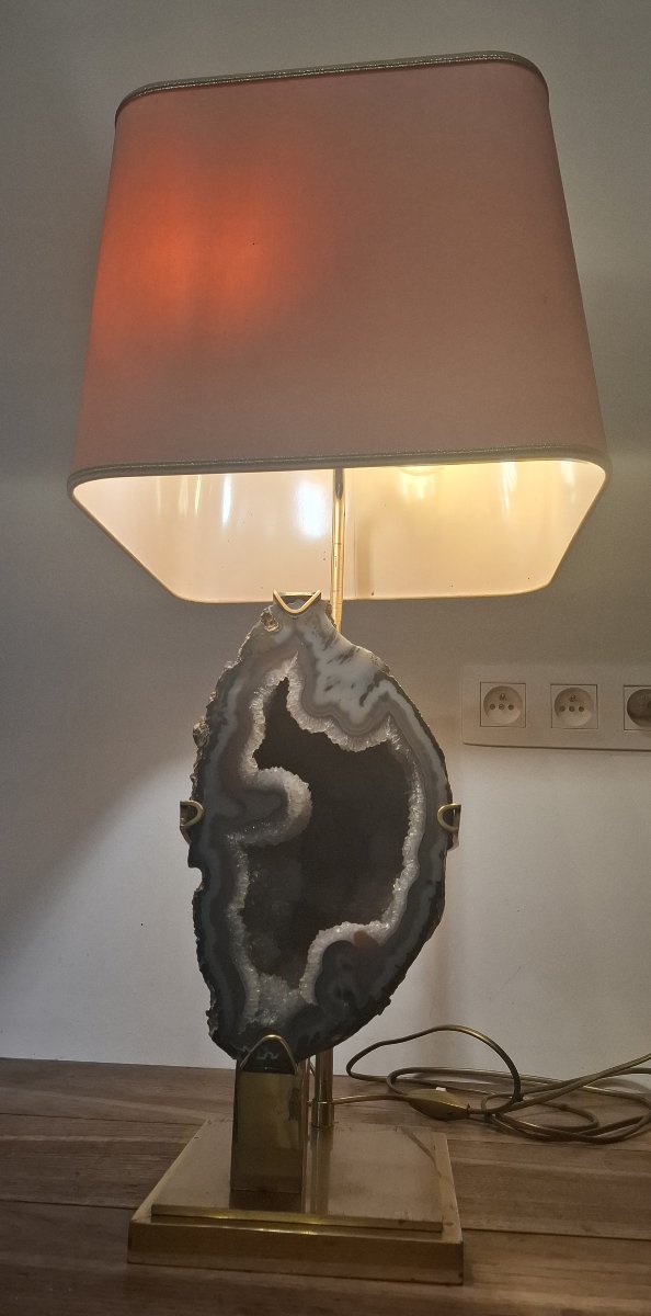 Lampe de Table par Willy Daro – Tranche d'Agate et Laiton – Belge, vers 1970-photo-4