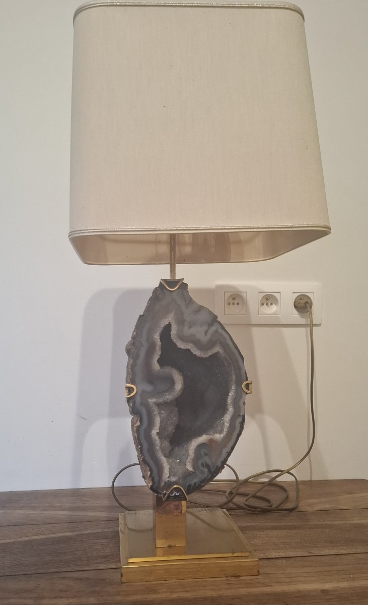 Lampe de Table par Willy Daro – Tranche d'Agate et Laiton – Belge, vers 1970-photo-6