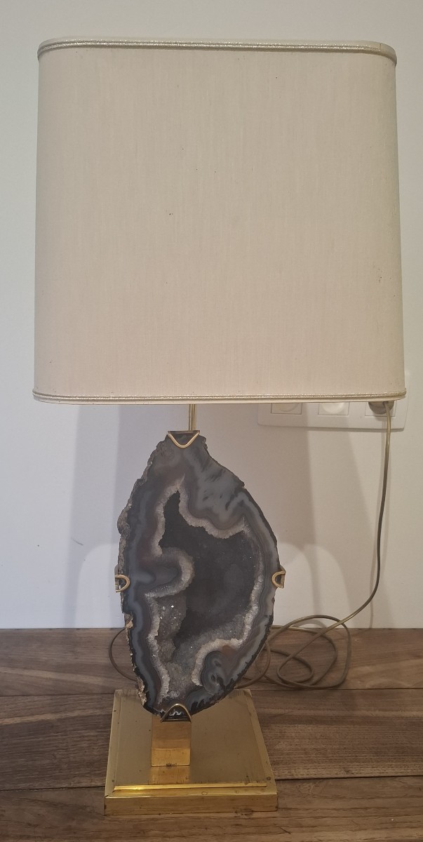 Lampe de Table par Willy Daro – Tranche d'Agate et Laiton – Belge, vers 1970