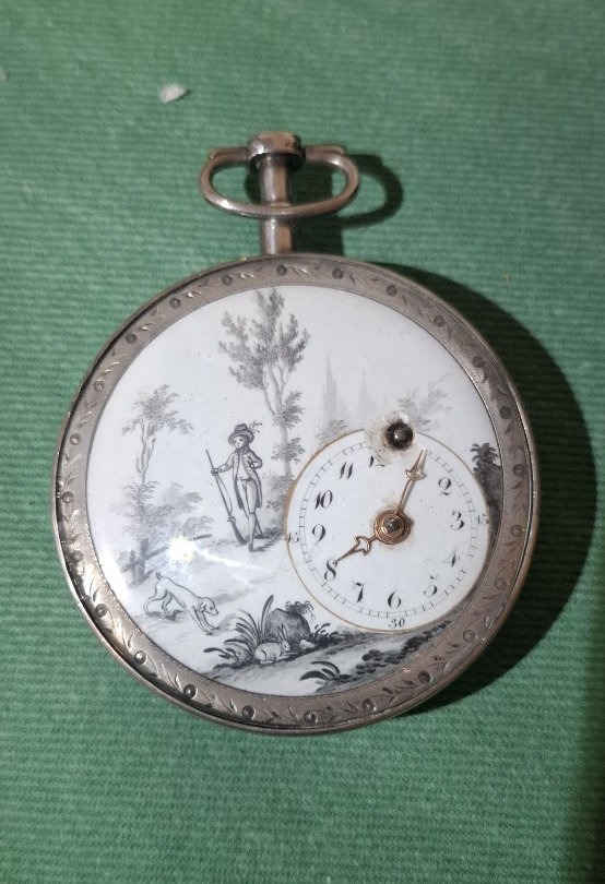 Montre de poche en argent , cadran décentré et émail peint -photo-3