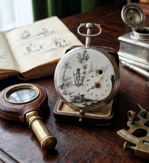 Montre de poche en argent , cadran décentré et émail peint -photo-2