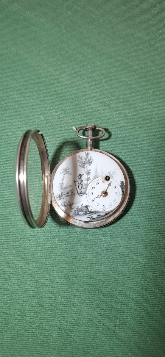 Montre de poche en argent , cadran décentré et émail peint -photo-5