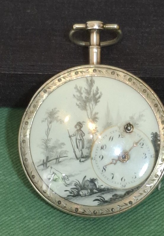 Montre de poche en argent , cadran décentré et émail peint -photo-7