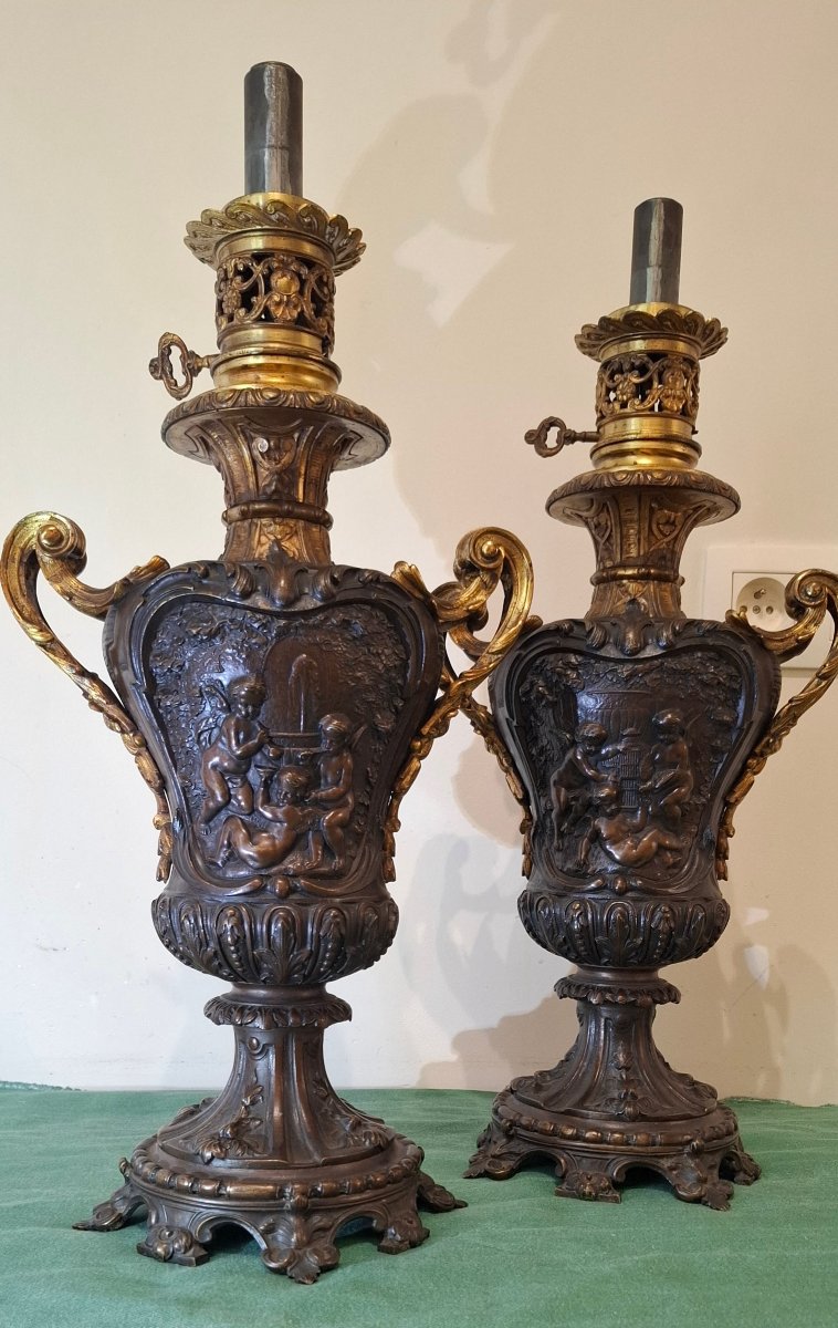 Paire de Lampes à Pétrole en Bronze Patiné – Maison Alphonse Giroux Paris, XIXe siècle-photo-3