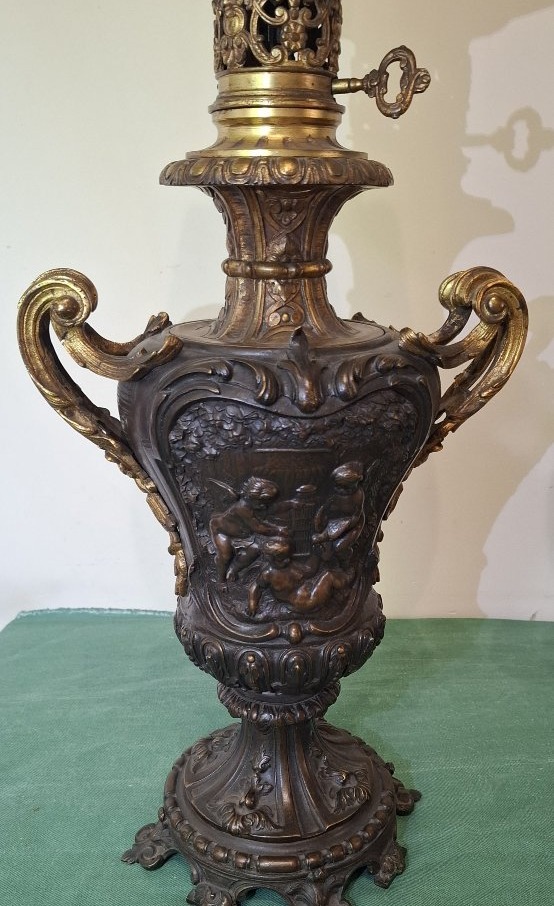 Paire de Lampes à Pétrole en Bronze Patiné – Maison Alphonse Giroux Paris, XIXe siècle-photo-2