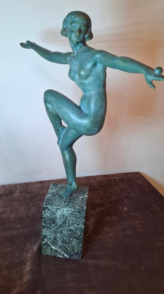 Sculpture Art Déco en bronze à patine verte, signée Secondo-photo-1