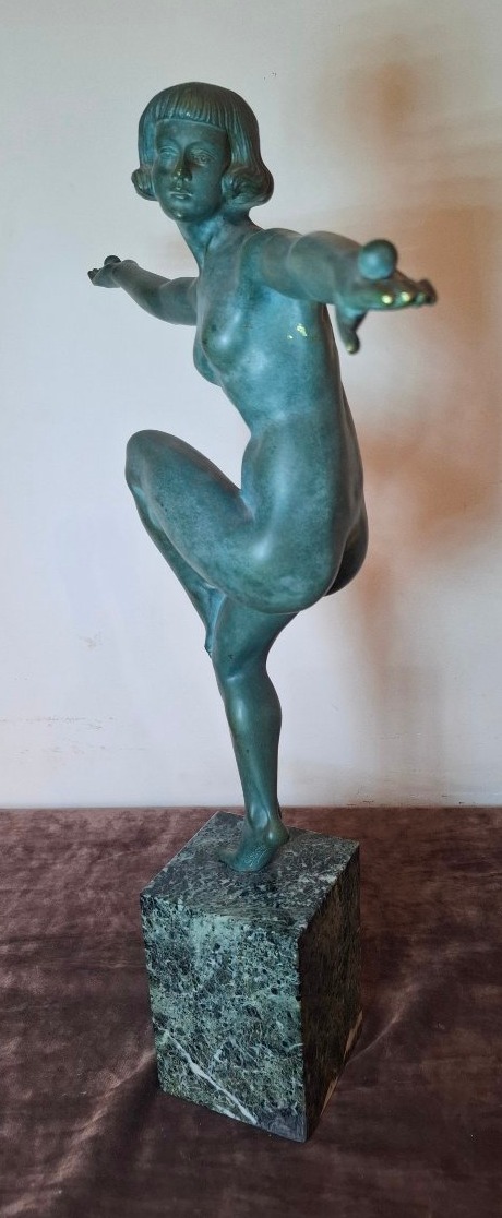 Sculpture Art Déco en bronze à patine verte, signée Secondo-photo-2
