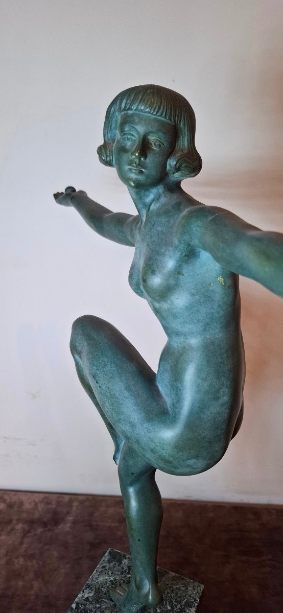 Sculpture Art Déco en bronze à patine verte, signée Secondo-photo-3