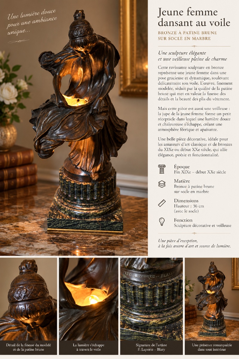 Sculpture en bronze , veilleuse Art nouveau signée Léo Laporte-Blairsy »-photo-6