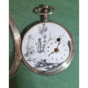 Montre de poche en argent , cadran décentré et émail peint 