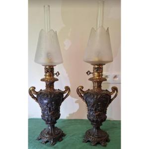 Paire de Lampes à Pétrole en Bronze Patiné – Maison Alphonse Giroux Paris, XIXe siècle