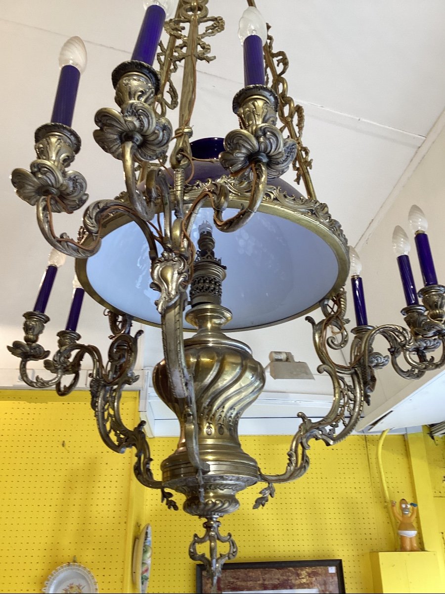Lustre  9 Lumières  Napoleon 3 Avec Opaline Bleu De Sevres -photo-1