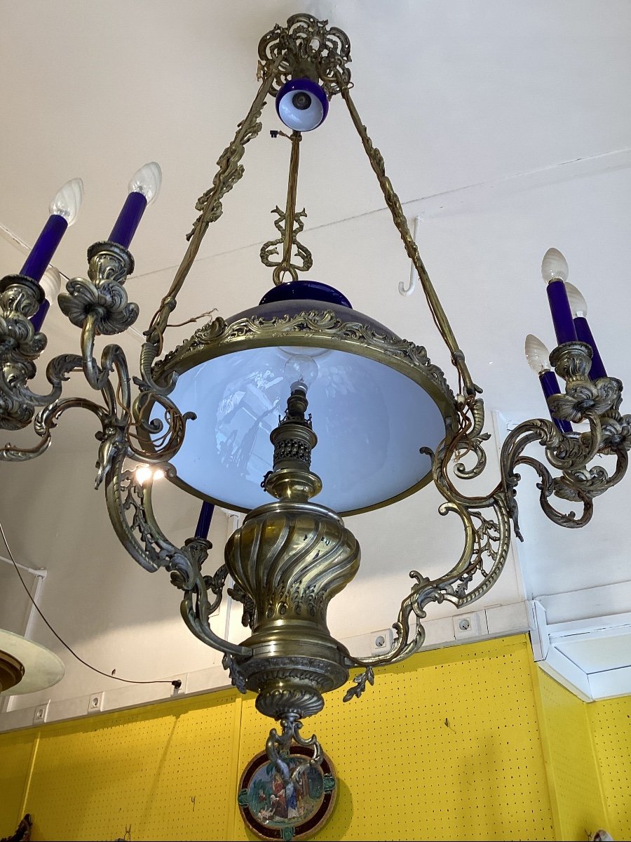 Lustre  9 Lumières  Napoleon 3 Avec Opaline Bleu De Sevres 