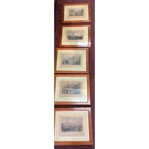 5 Framed Chinese Engravings 37.5x32.5cm 19th Century