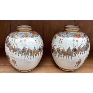 Pair Of Vases Japan Meiji Period Procession