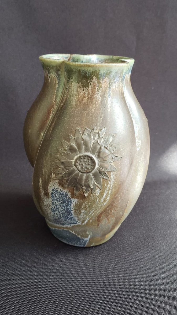 Vase DENBAC en grès flammé  à décor de tournesols en étain. Modèle 82. Epoque Art Déco 1925/30-photo-2