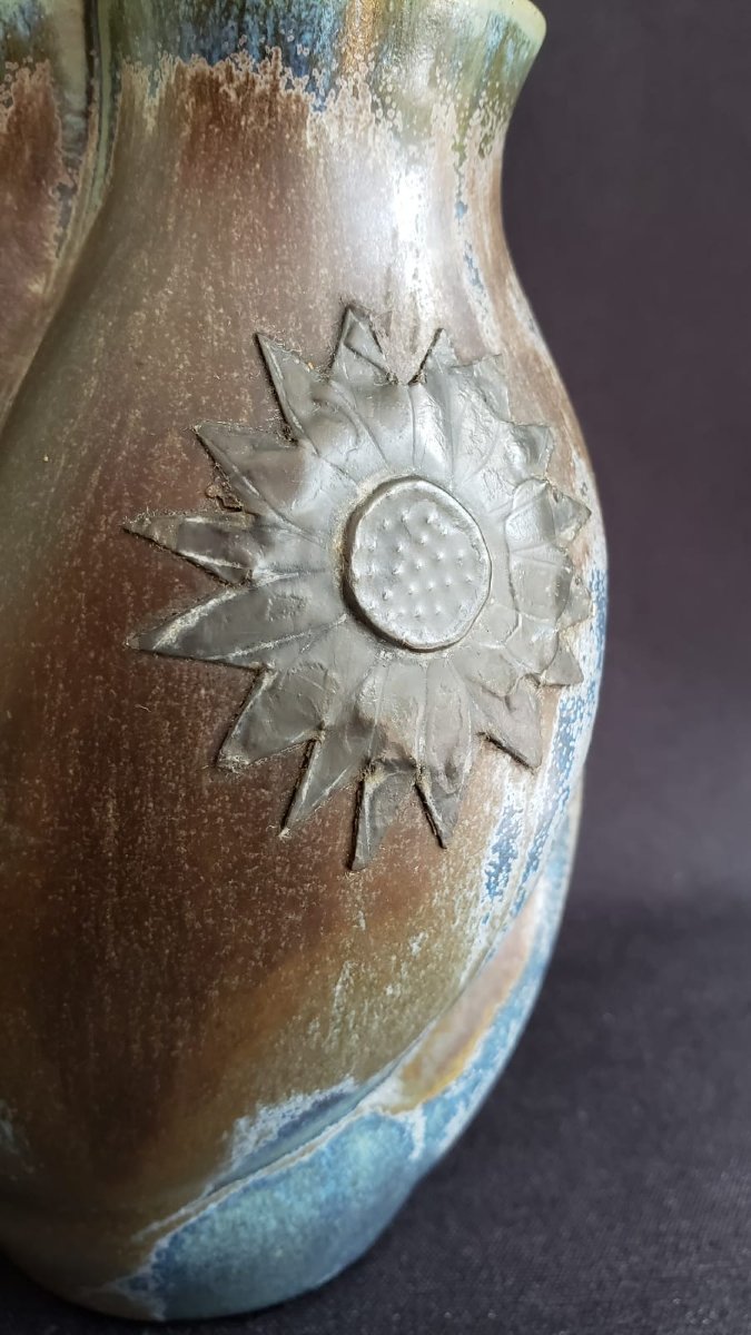 Vase DENBAC en grès flammé  à décor de tournesols en étain. Modèle 82. Epoque Art Déco 1925/30-photo-4