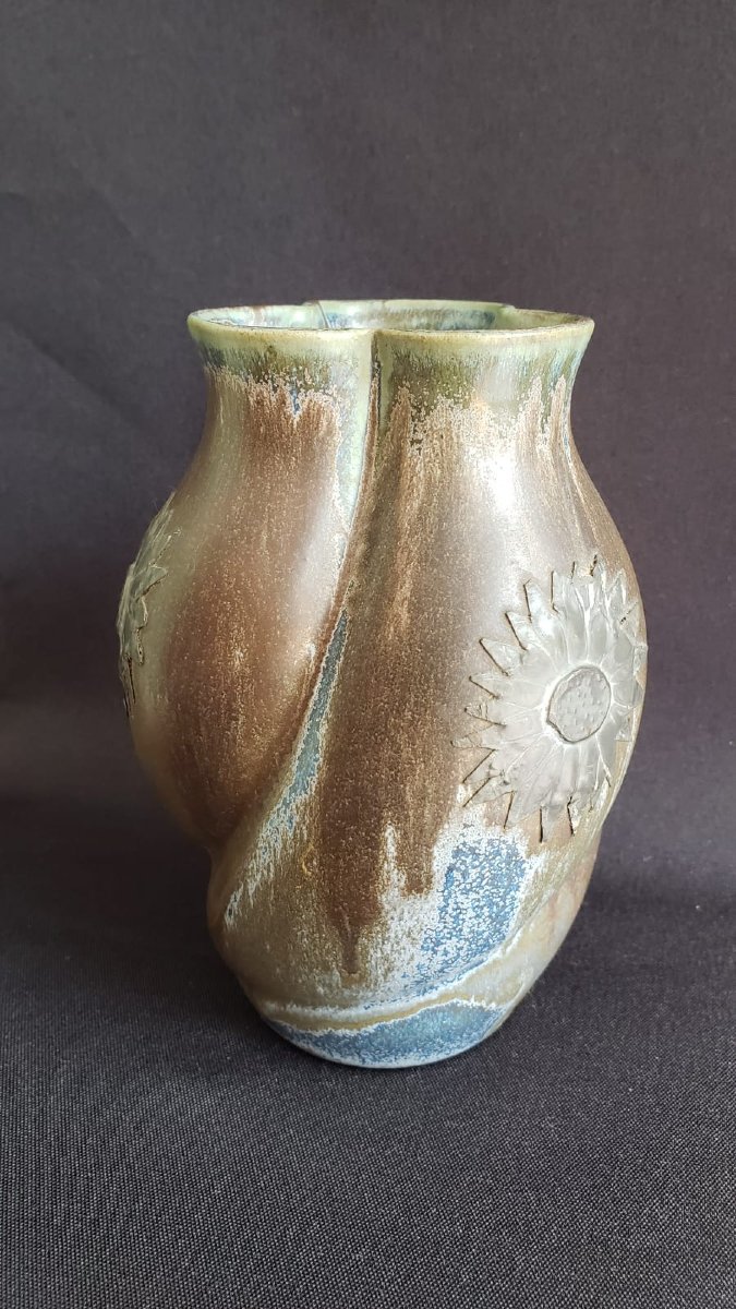 Vase DENBAC en grès flammé  à décor de tournesols en étain. Modèle 82. Epoque Art Déco 1925/30-photo-1