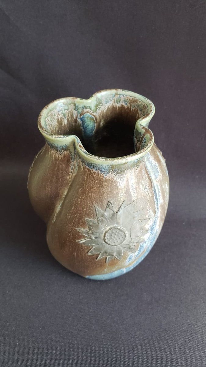 Vase DENBAC en grès flammé  à décor de tournesols en étain. Modèle 82. Epoque Art Déco 1925/30-photo-2
