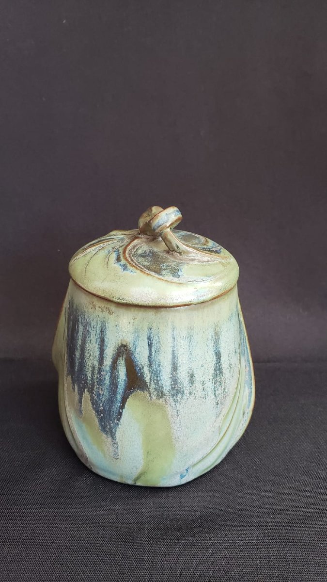 Boîte couverte en grès émaillé Denbac. Modèle N°34. Vierzon.  Art Déco vers 1925/30-photo-2