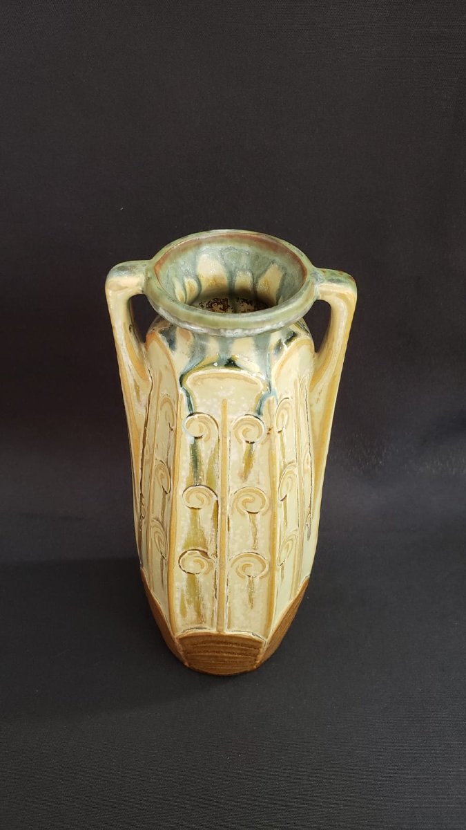 Vase hexagonal en grès émaillé  Denbac Vierzon. Modèle N° 362 vers 1925/30-photo-2