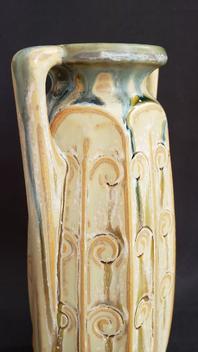 Vase hexagonal en grès émaillé  Denbac Vierzon. Modèle N° 362 vers 1925/30-photo-1