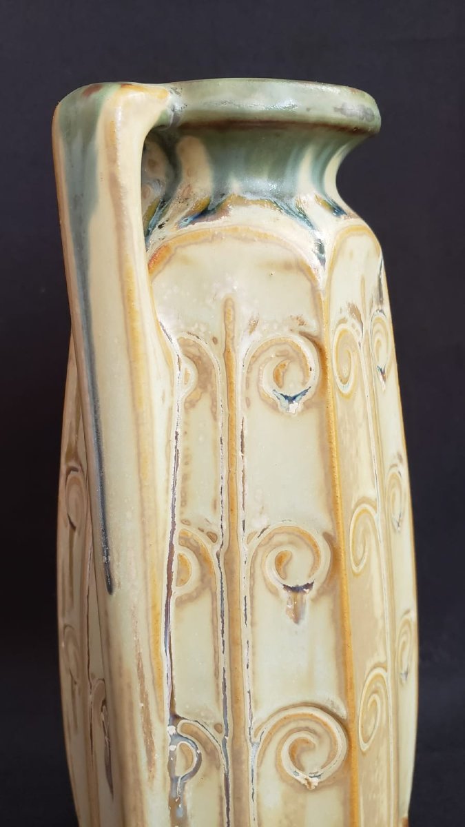 Vase hexagonal en grès émaillé  Denbac Vierzon. Modèle N° 362 vers 1925/30-photo-3