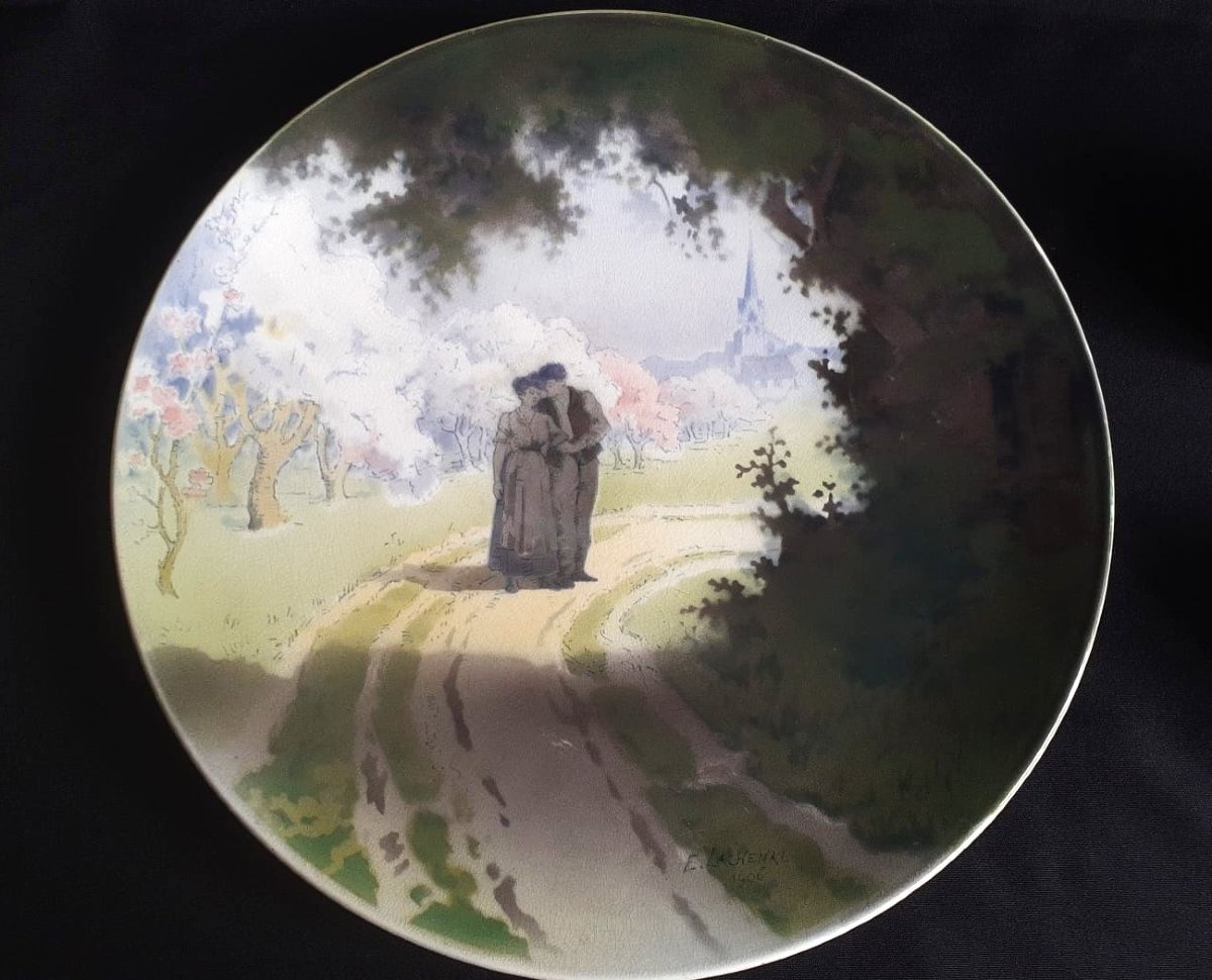 Plat mural  Art Nouveau en faïence émaillée  "Le rendez-vous galand" .  Edmond lachenal  1906-photo-2