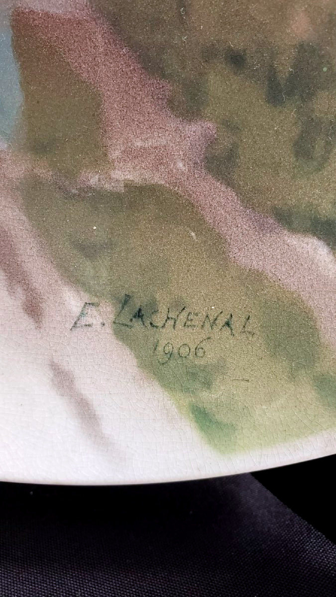 Plat mural  Art Nouveau en faïence émaillée  "Le rendez-vous galand" .  Edmond lachenal  1906-photo-1