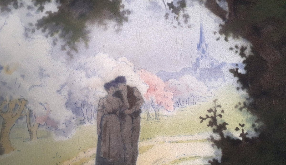 Plat mural  Art Nouveau en faïence émaillée  "Le rendez-vous galand" .  Edmond lachenal  1906-photo-2