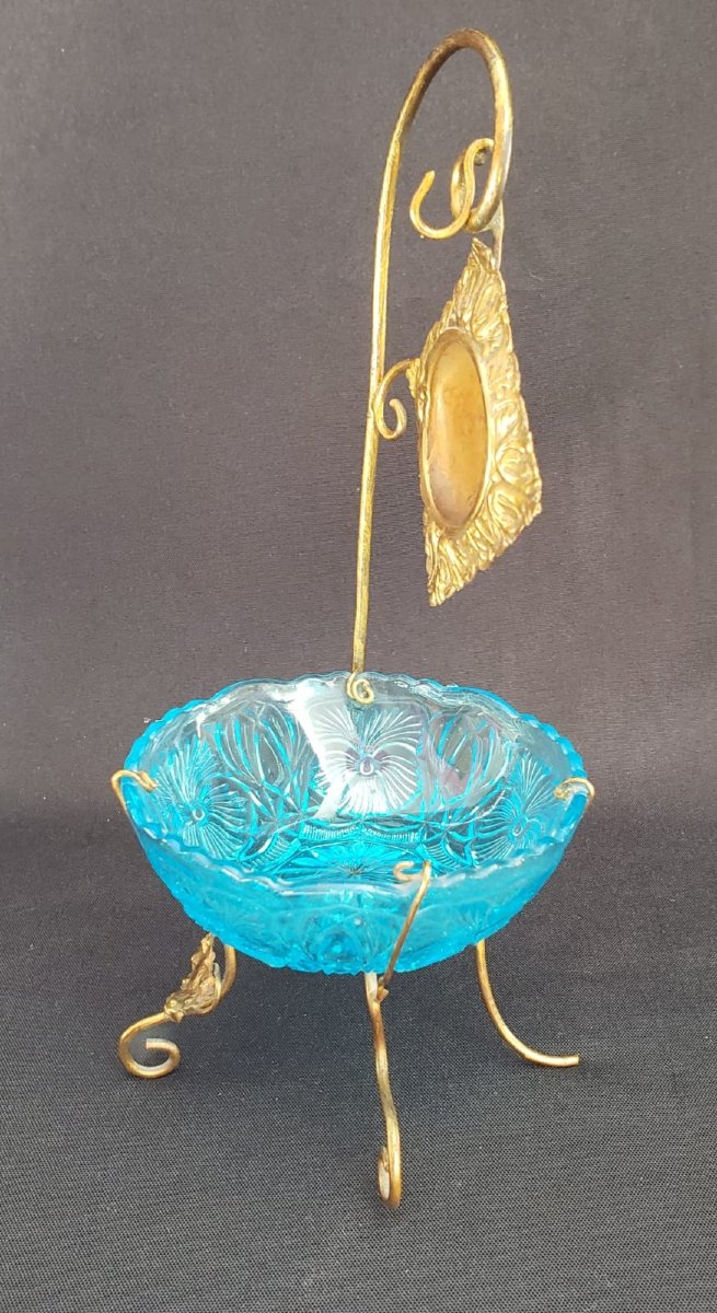 Baguier porte-montre d'époque Napoléon III en laiton doré et verre turquoise, fin XIXe siècle-photo-2