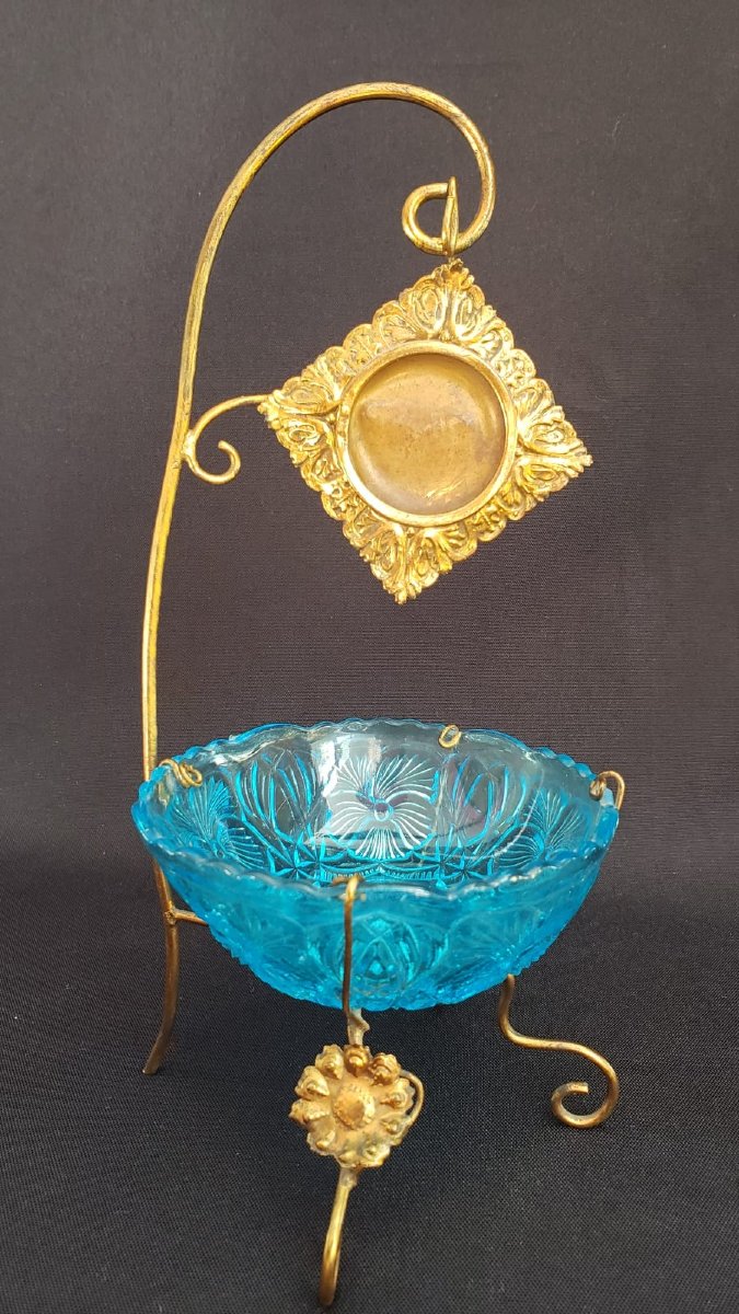 Baguier porte-montre d'époque Napoléon III en laiton doré et verre turquoise, fin XIXe siècle-photo-4