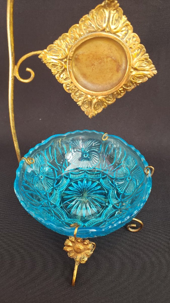 Baguier porte-montre d'époque Napoléon III en laiton doré et verre turquoise, fin XIXe siècle-photo-1