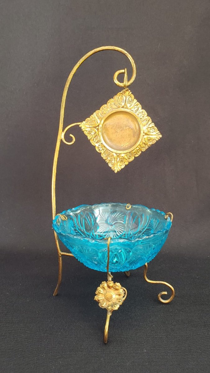 Baguier porte-montre d'époque Napoléon III en laiton doré et verre turquoise, fin XIXe siècle