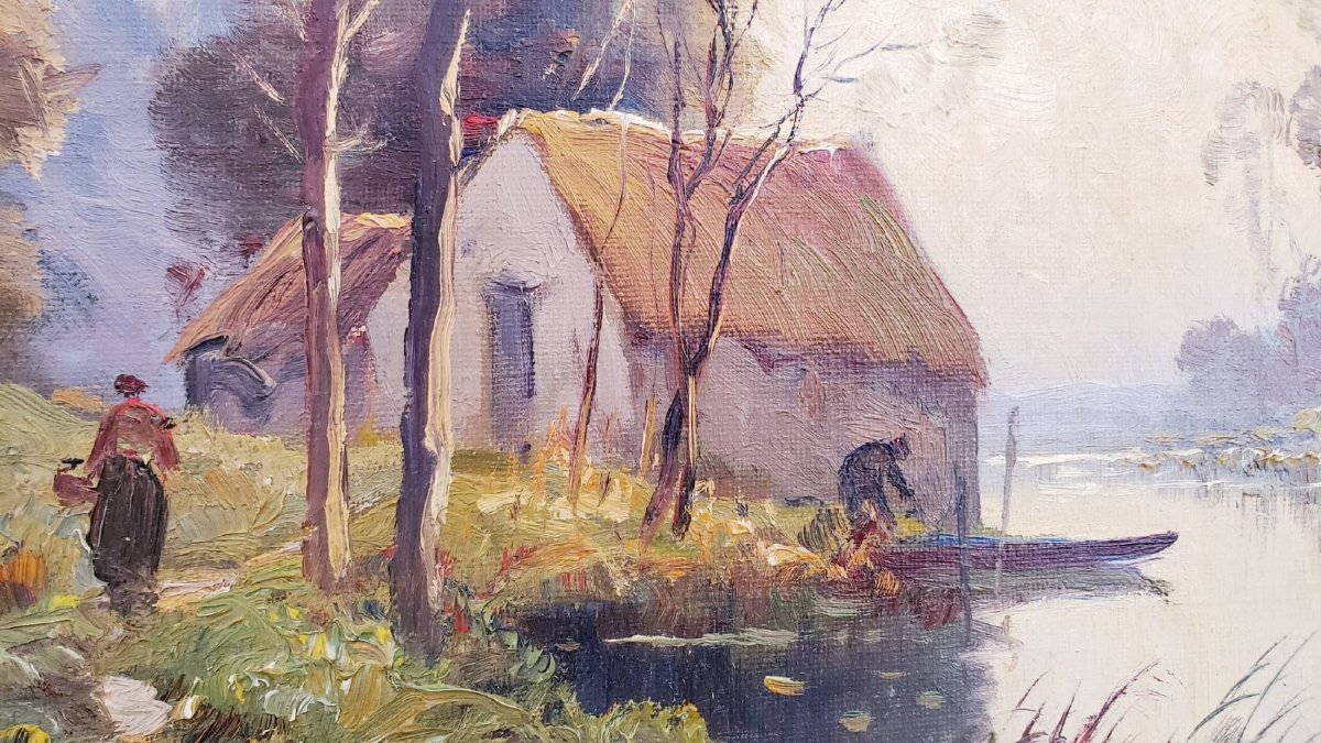 Post-impressionist Painting. Riverside Landscape. Dumoutier (pseudonym Eugène Galien-laloue)-photo-2