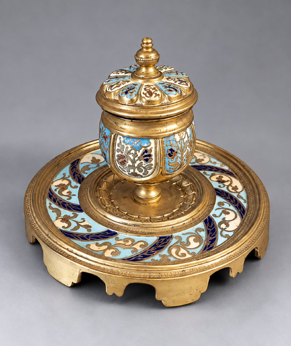 Bronze Inkwell With Champlevé Enamel Work From Limoges, Late 19th Century