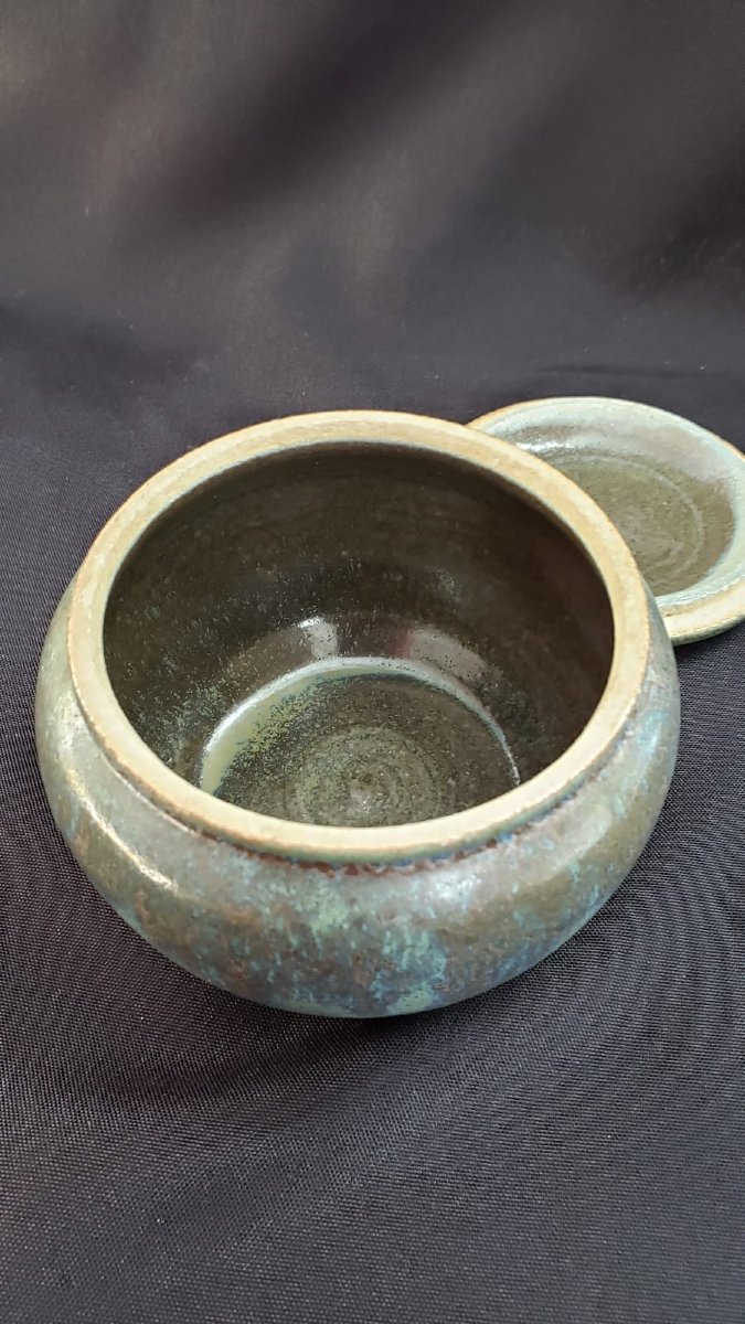 Émile Mousseux – Marlotte – Rare pot couvert en grès émaillé bleu-vert – Art Déco-photo-4