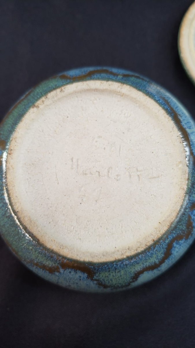 Émile Mousseux – Marlotte – Rare pot couvert en grès émaillé bleu-vert – Art Déco-photo-3