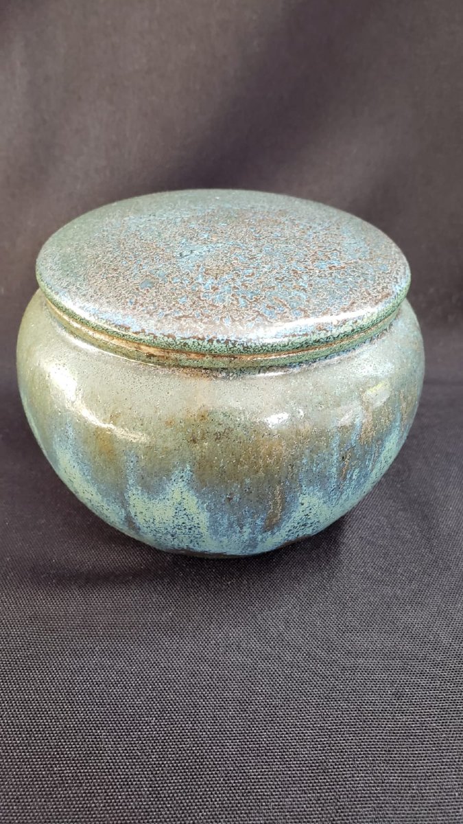 Émile Mousseux – Marlotte – Rare pot couvert en grès émaillé bleu-vert – Art Déco-photo-1