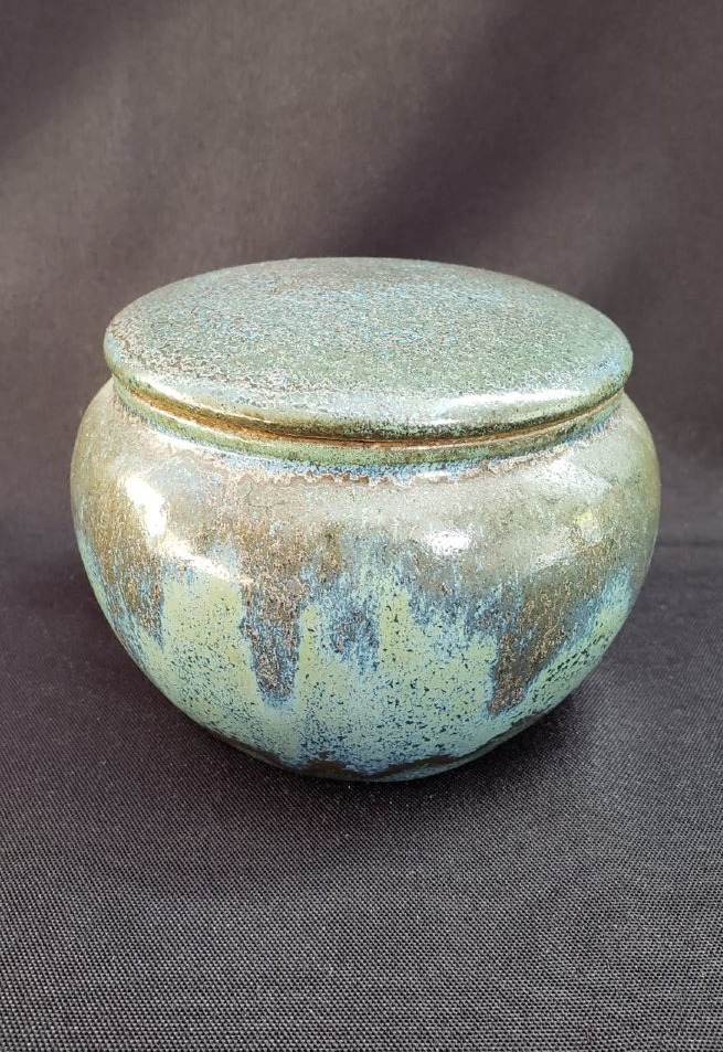 Émile Mousseux – Marlotte – Rare pot couvert en grès émaillé bleu-vert – Art Déco-photo-2