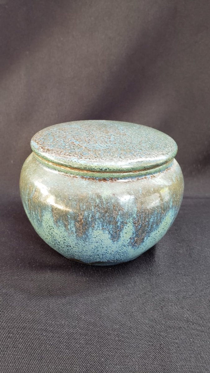 Émile Mousseux – Marlotte – Rare pot couvert en grès émaillé bleu-vert – Art Déco-photo-4