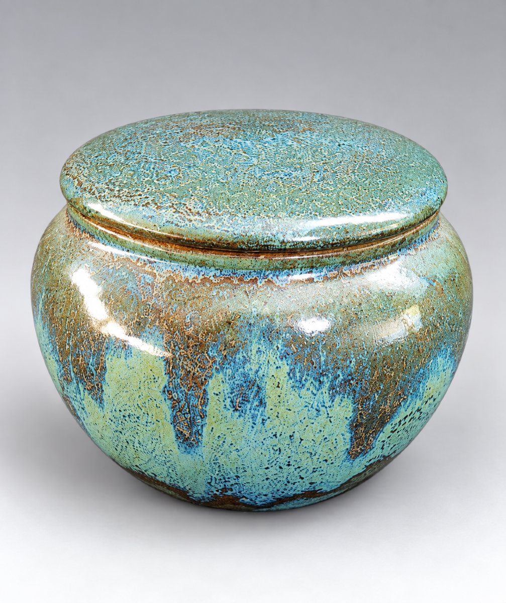 Émile Mousseux – Marlotte – Rare pot couvert en grès émaillé bleu-vert – Art Déco