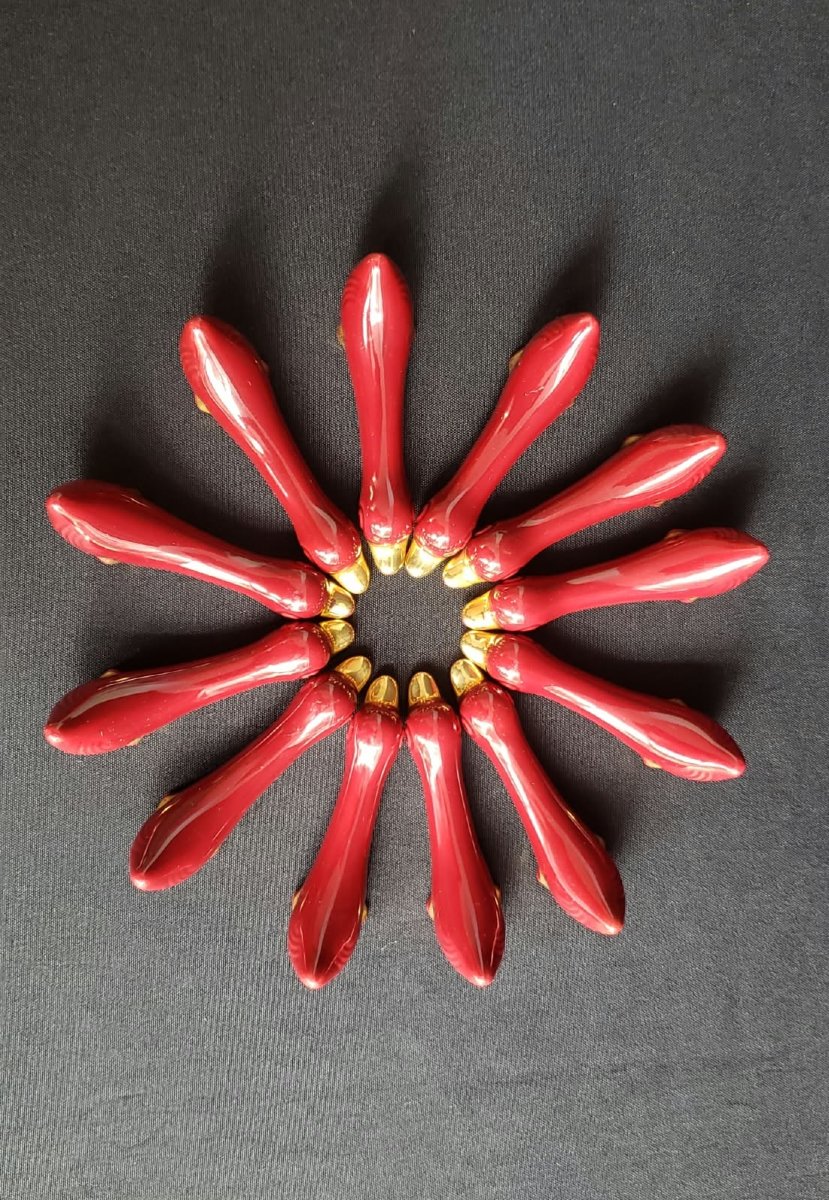Ensemble de 12 porte-couteaux  en porcelaine rouge et or - Canards stylisés - Vers 1960/70-photo-4