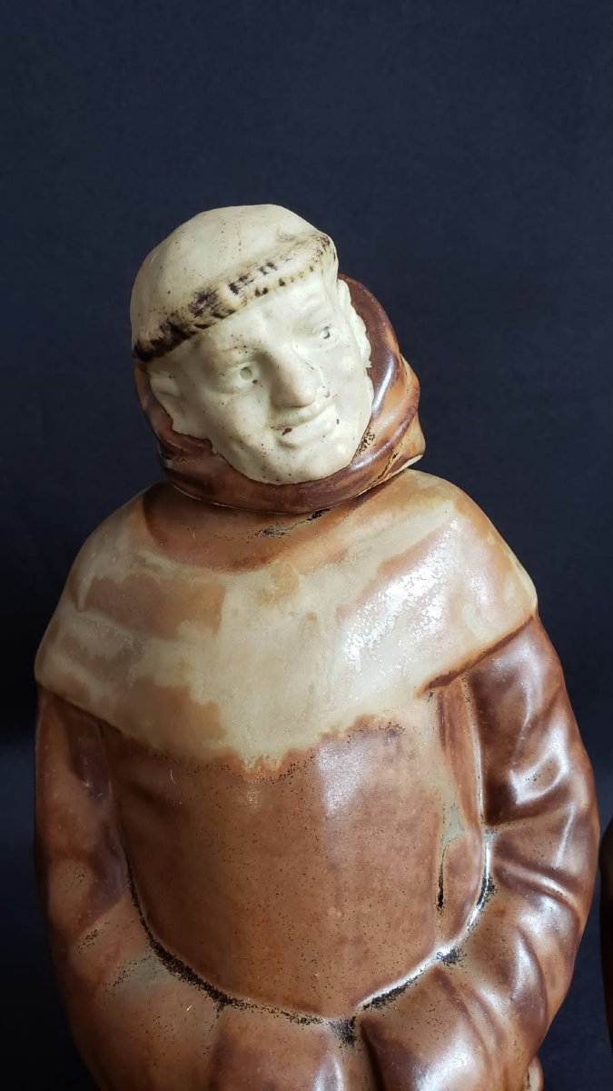 Paire de Bouteilles à Liqueur « Moine » en Grès Flammé – Denbac, Modèle 607 – Circa 1930-photo-4
