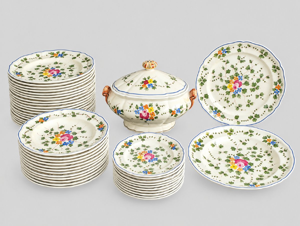 Service de table en faïence de Longchamp, modèle "Nemours"  46 pièces 