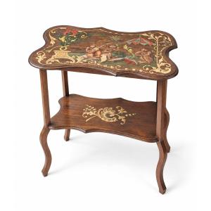 Venetian Neo-renaissance Table In Painted Polychrome Wood With Musicians Monkeys – 19th Century
