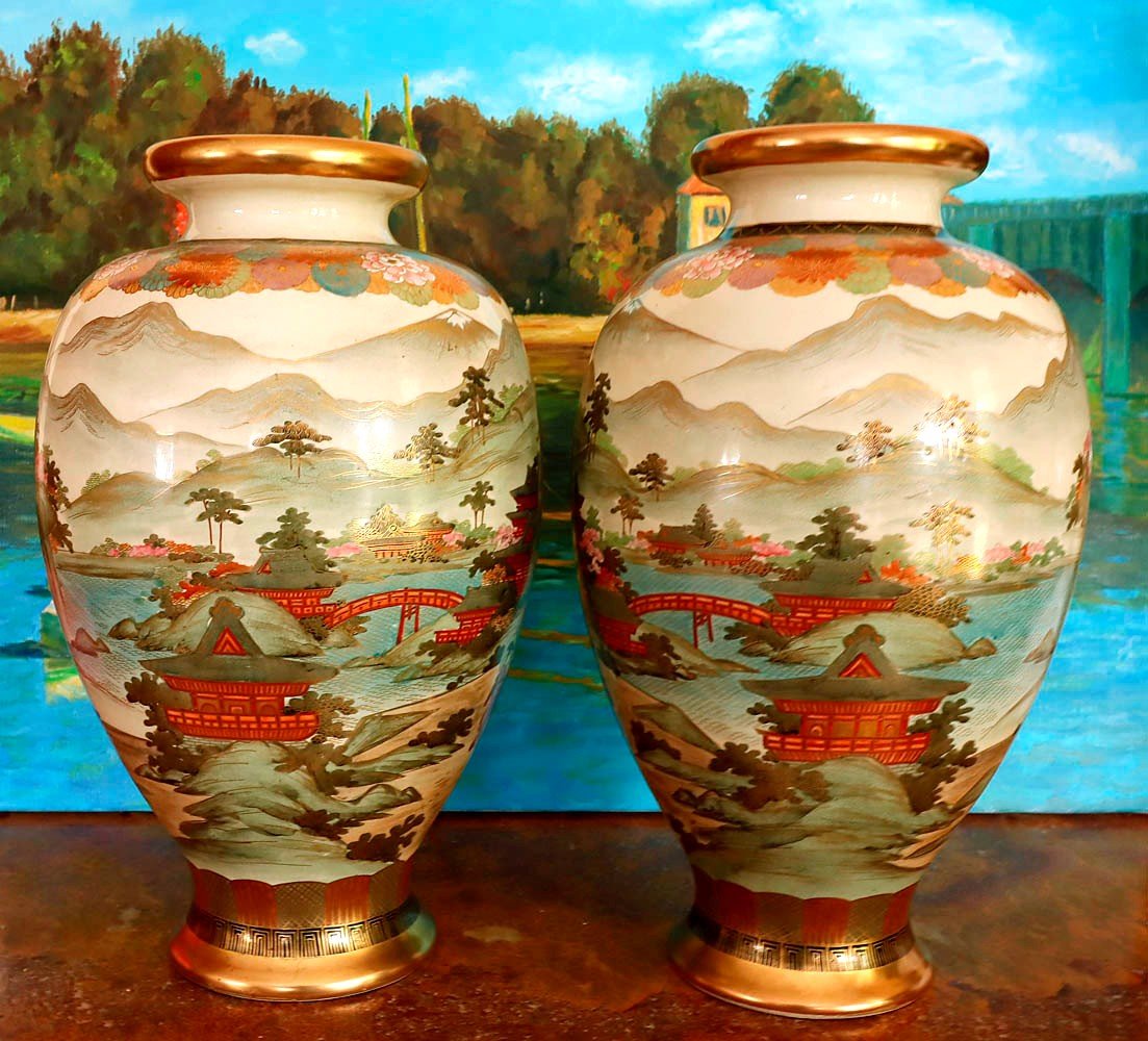 Pair Of Satsuma Porcelain Vases, Japan Late 19th Early 20th-photo-2